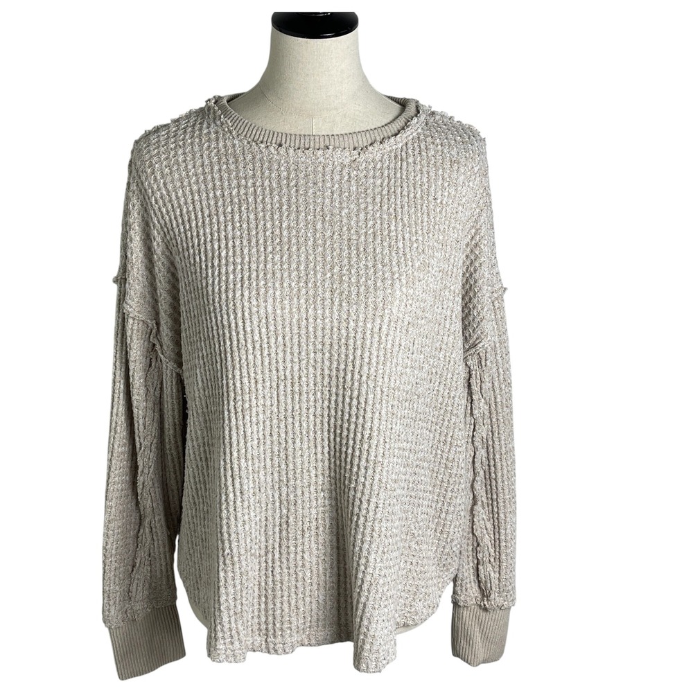 SO Womens Oversized Waffle Knit Sweater Taupe Tan Crew Neck‎ Raw Seam Large